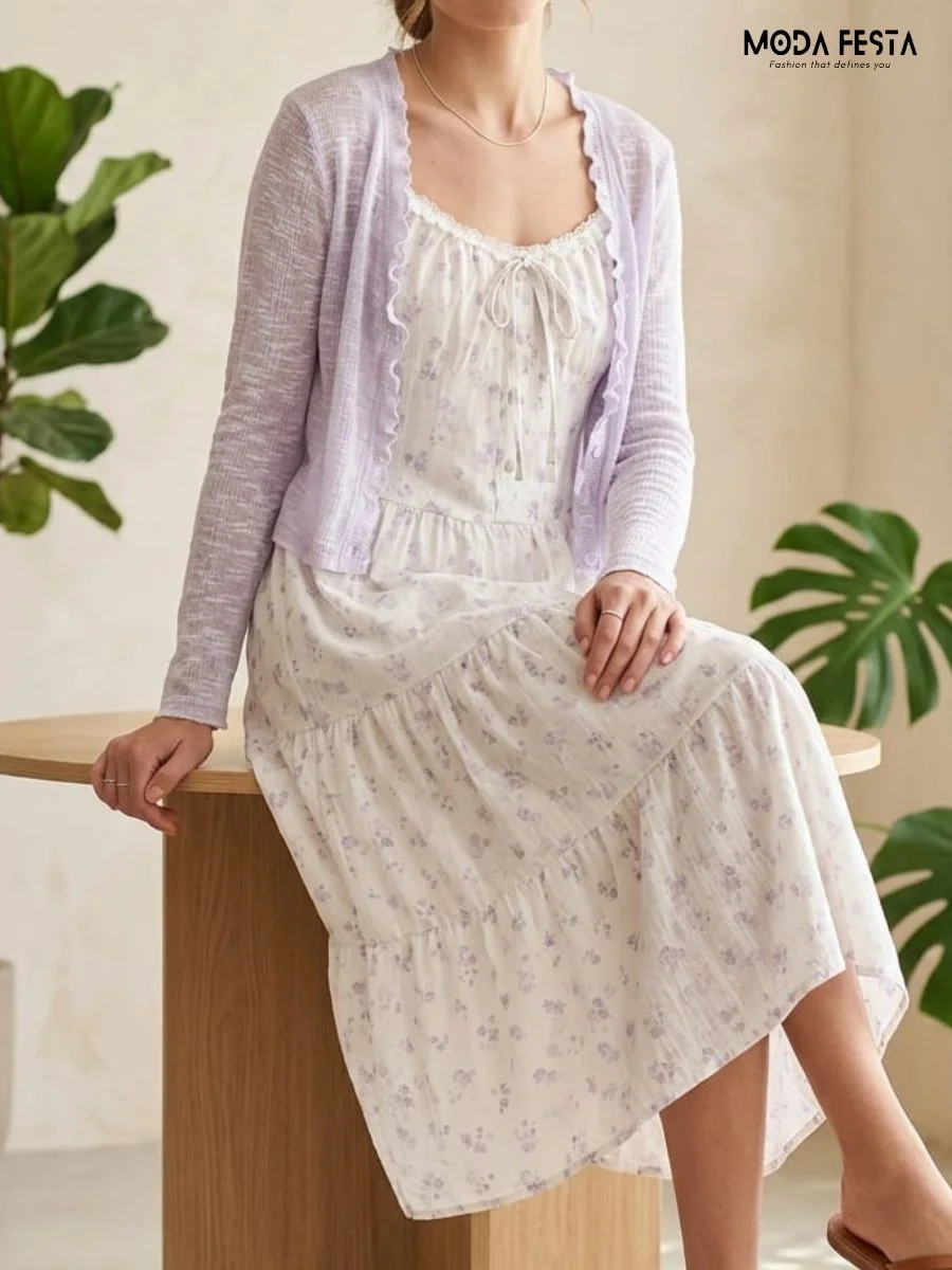 ModaFesta -Cotton-floral-dress-with-shrug -lavender
